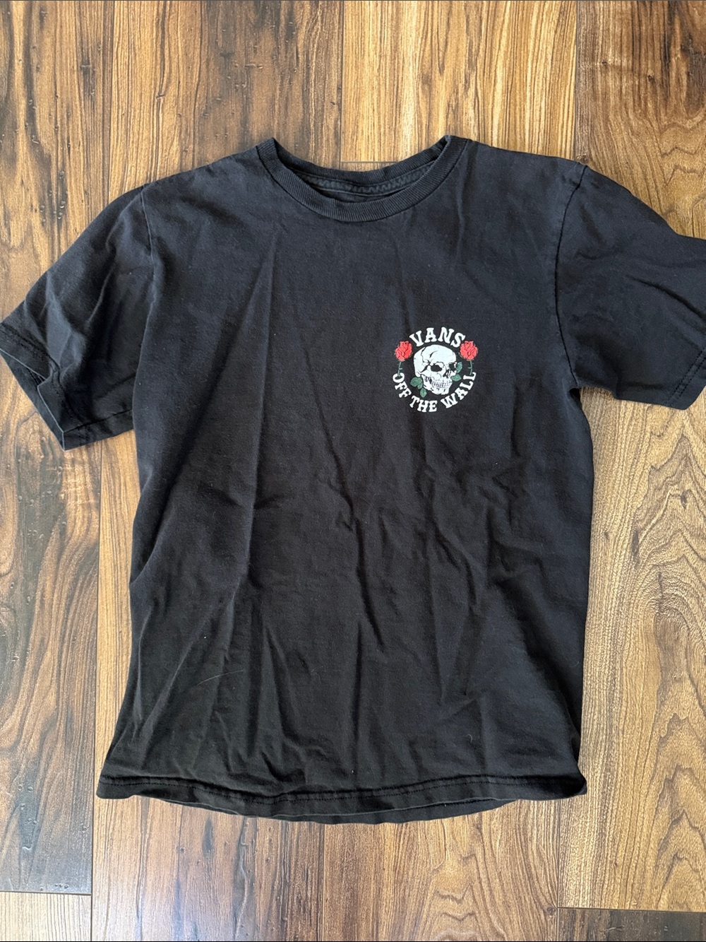 Vans Black Tee with Skull and Red Rose Chest Graphic - Kids